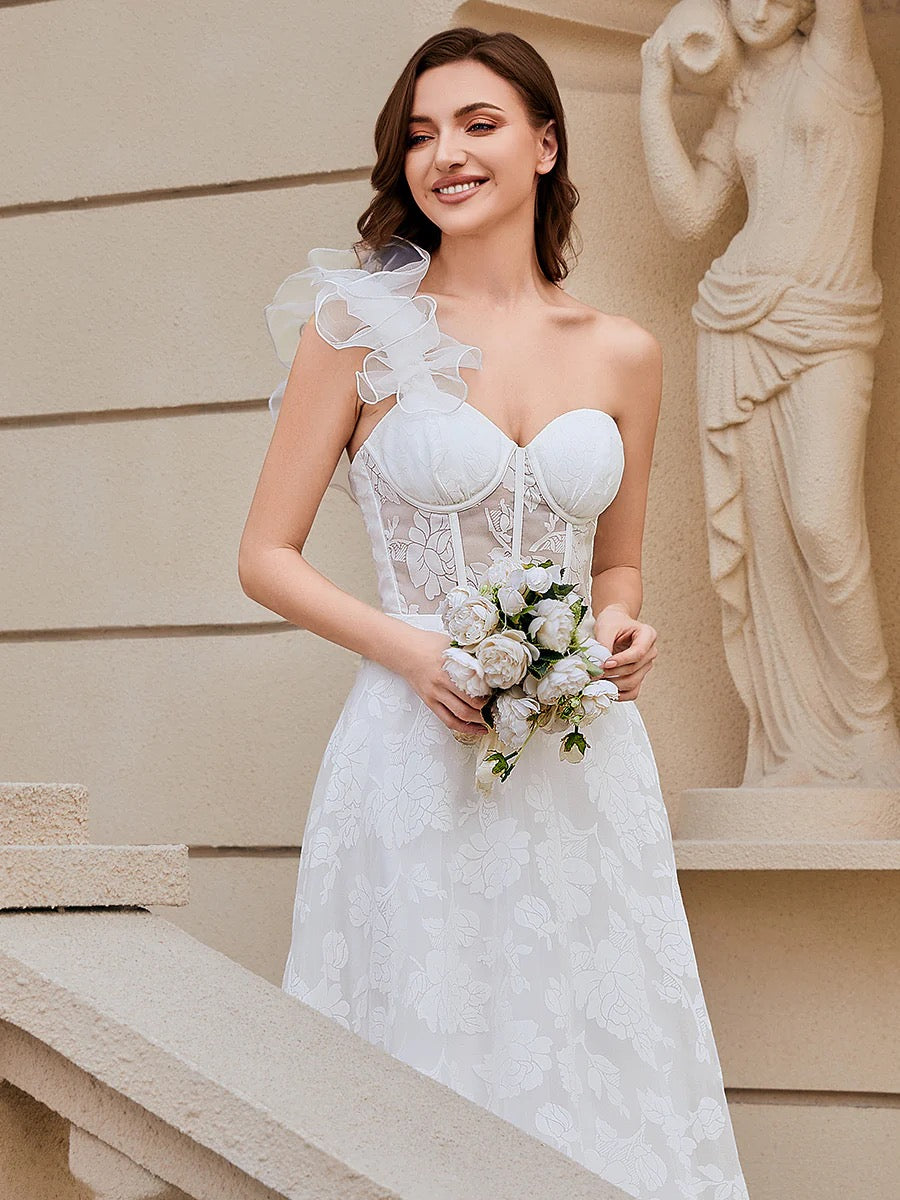 White One-Shoulder Floral Lace A-Line Wedding Dress