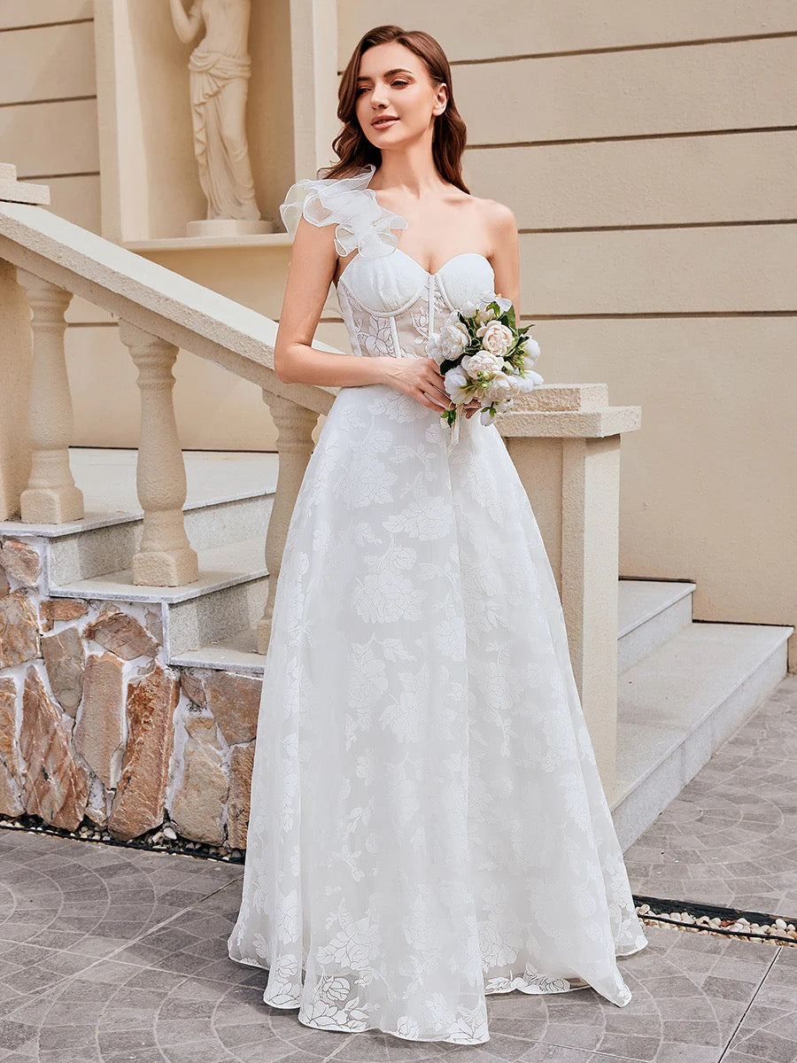 White One-Shoulder Floral Lace A-Line Wedding Dress