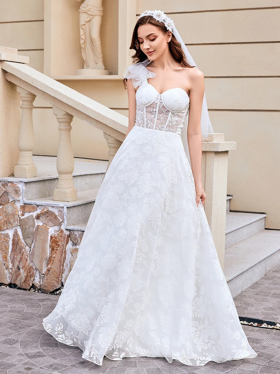 White One-Shoulder Floral Lace A-Line Wedding Dress