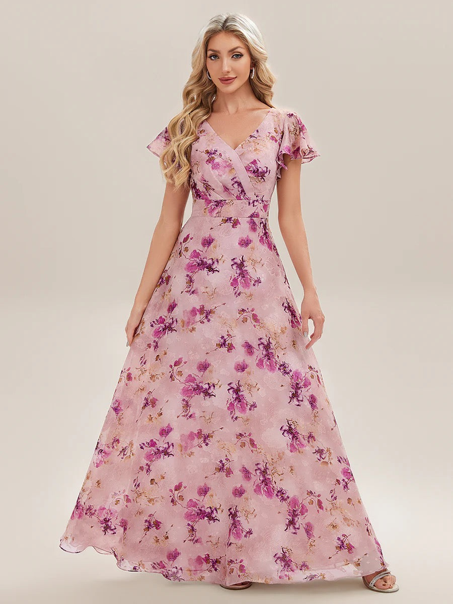 Blush Floral V Neck Maxi Dress with Flutter Sleeves