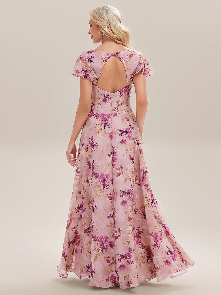 Blush Floral V Neck Maxi Dress with Flutter Sleeves