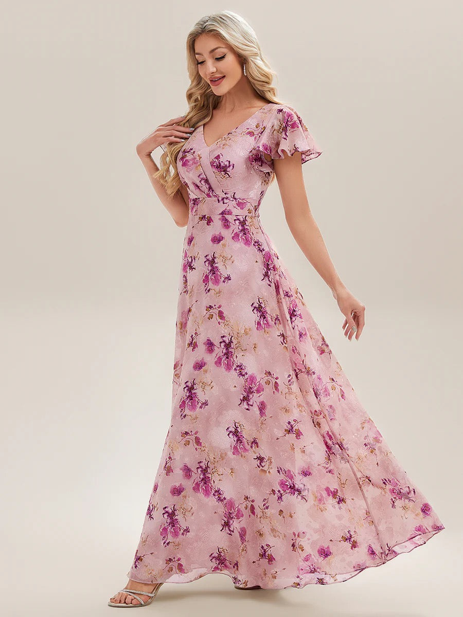 Blush Floral V Neck Maxi Dress with Flutter Sleeves