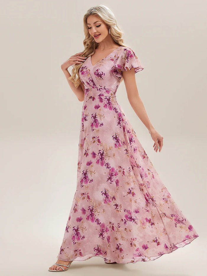 Blush Floral V Neck Maxi Dress with Flutter Sleeves