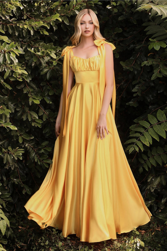 Golden Yellow Satin Evening Gown with Bow Shoulder Ties