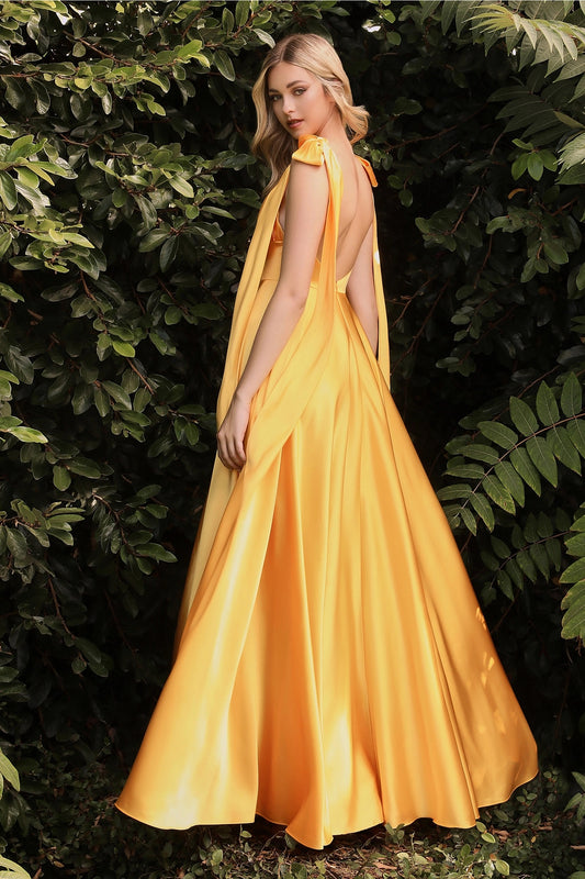 Golden Yellow Satin Evening Gown with Bow Shoulder Ties