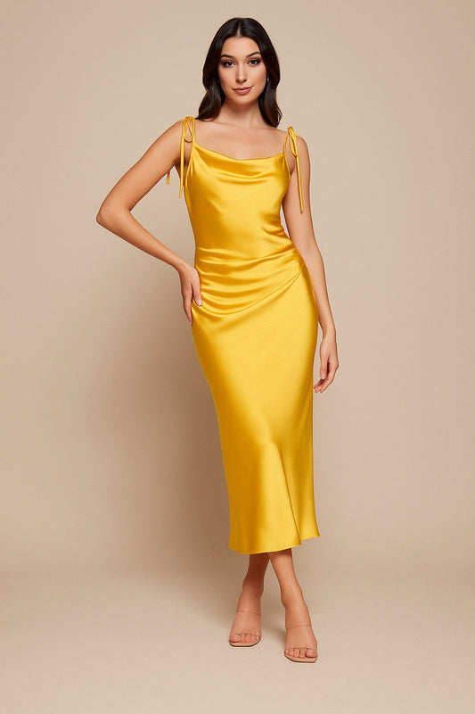 Golden Yellow Satin Midi Dress – Cowl Neck Slip Dress with Tie Straps