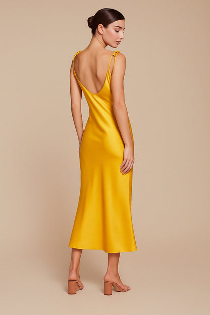 Golden Yellow Satin Midi Dress – Cowl Neck Slip Dress with Tie Straps