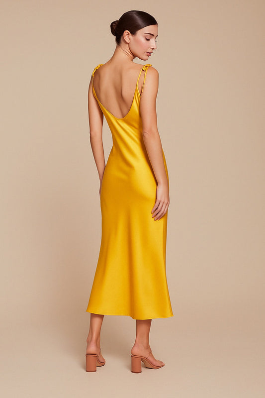 Golden Yellow Satin Midi Dress – Cowl Neck Slip Dress with Tie Straps
