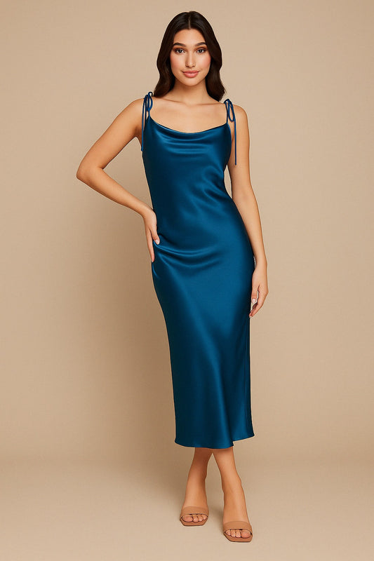 Teal Blue Satin Midi Slip Dress – Cowl Neck with Tie Straps