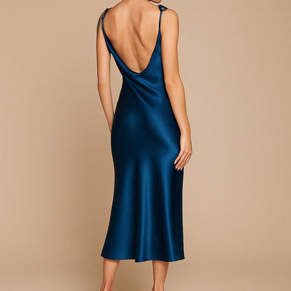 Teal Blue Satin Midi Slip Dress – Cowl Neck with Tie Straps