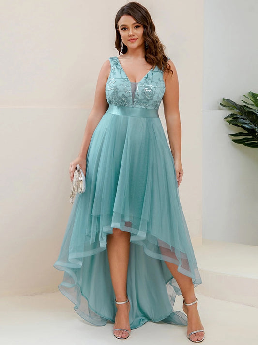 Curvy Teal Lace & Tulle High-Low Evening Gown