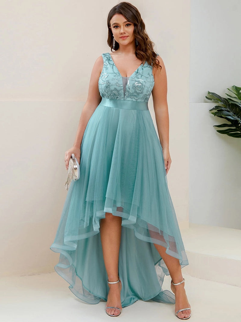 Curvy Teal Lace & Tulle High-Low Evening Gown