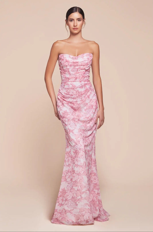 Pink Pink Floral Strapless Mermaid Gown