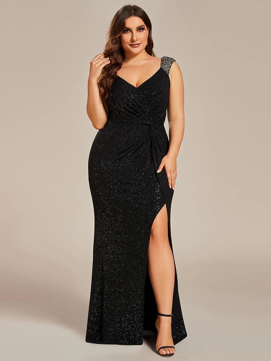 Glitter Wrap Front Plus Size Formal Dress with Slit