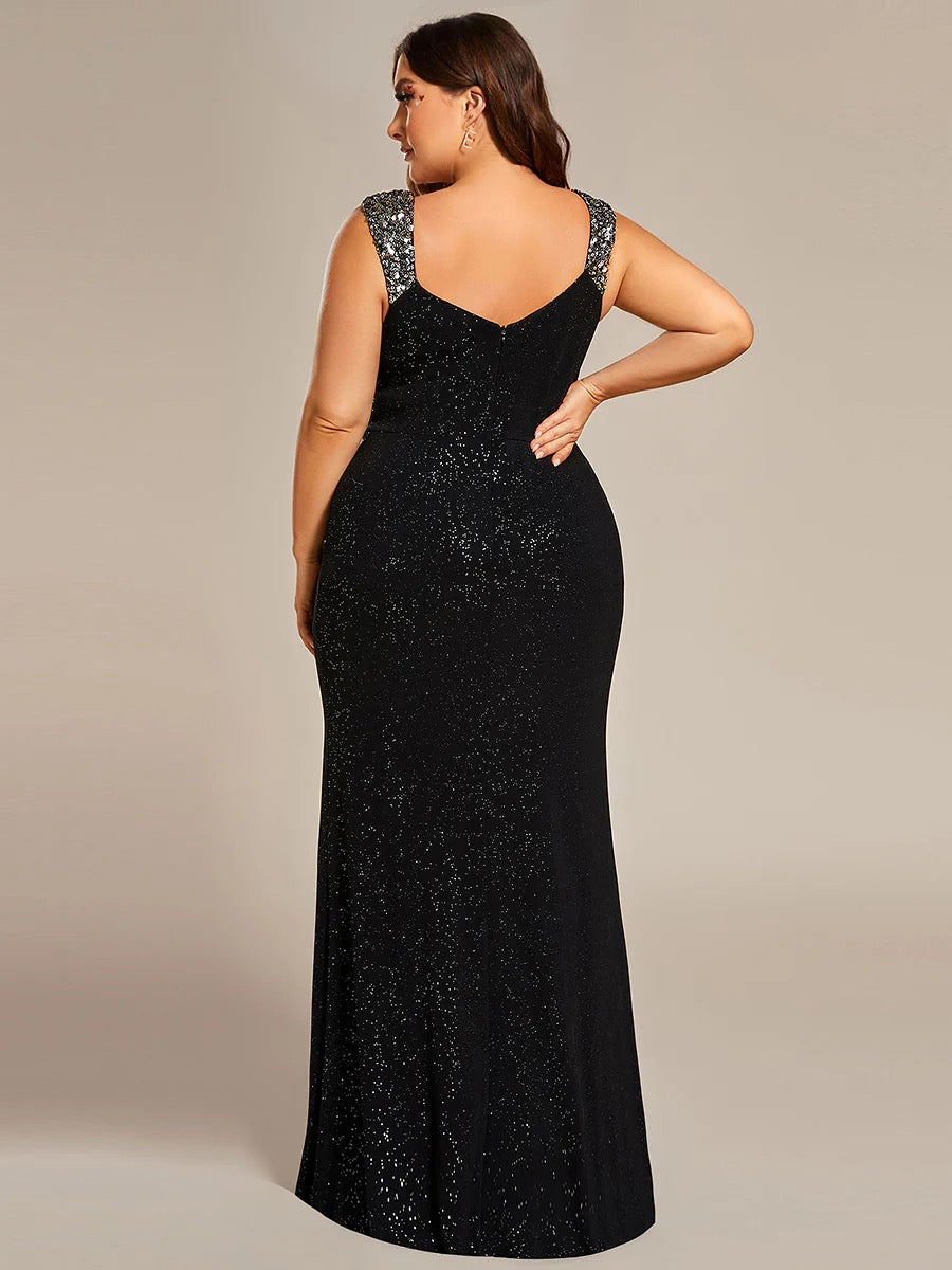 Glitter Wrap Front Plus Size Formal Dress with Slit