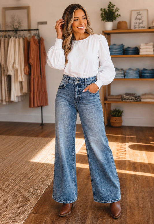 Acid Wash Pocket Detail Flare Jeans