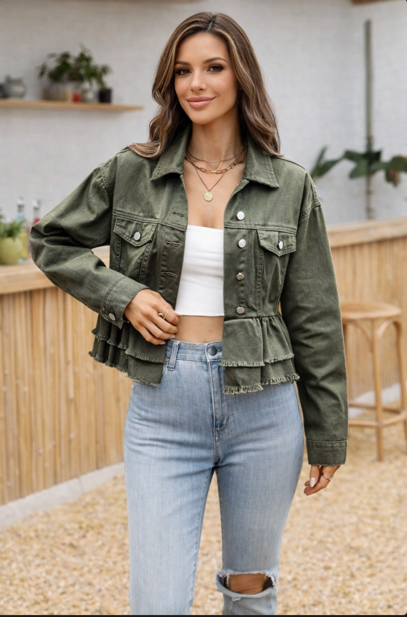 Olive Ruffle Hem Denim Jacket