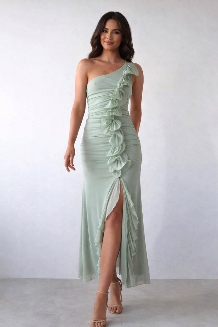 One-Shoulder Ruffle Slit Dress