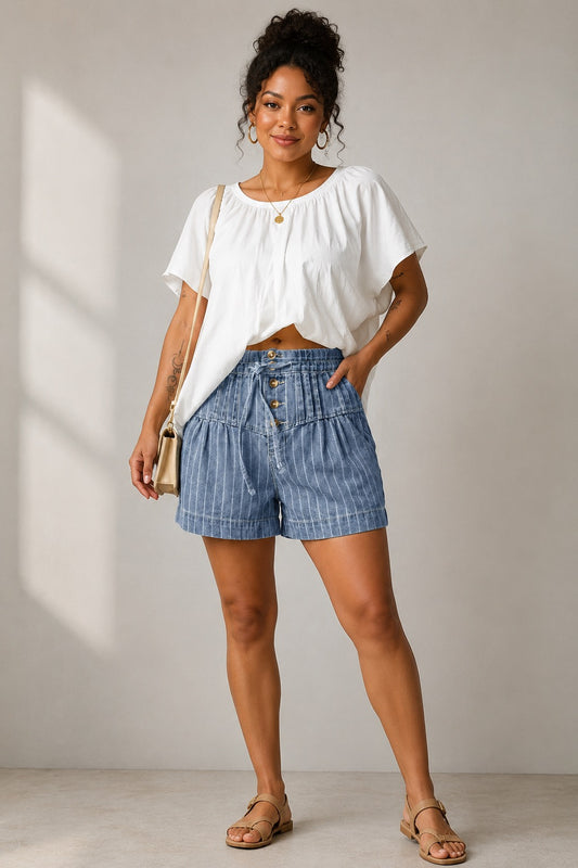 Striped High-Waisted Denim Shorts