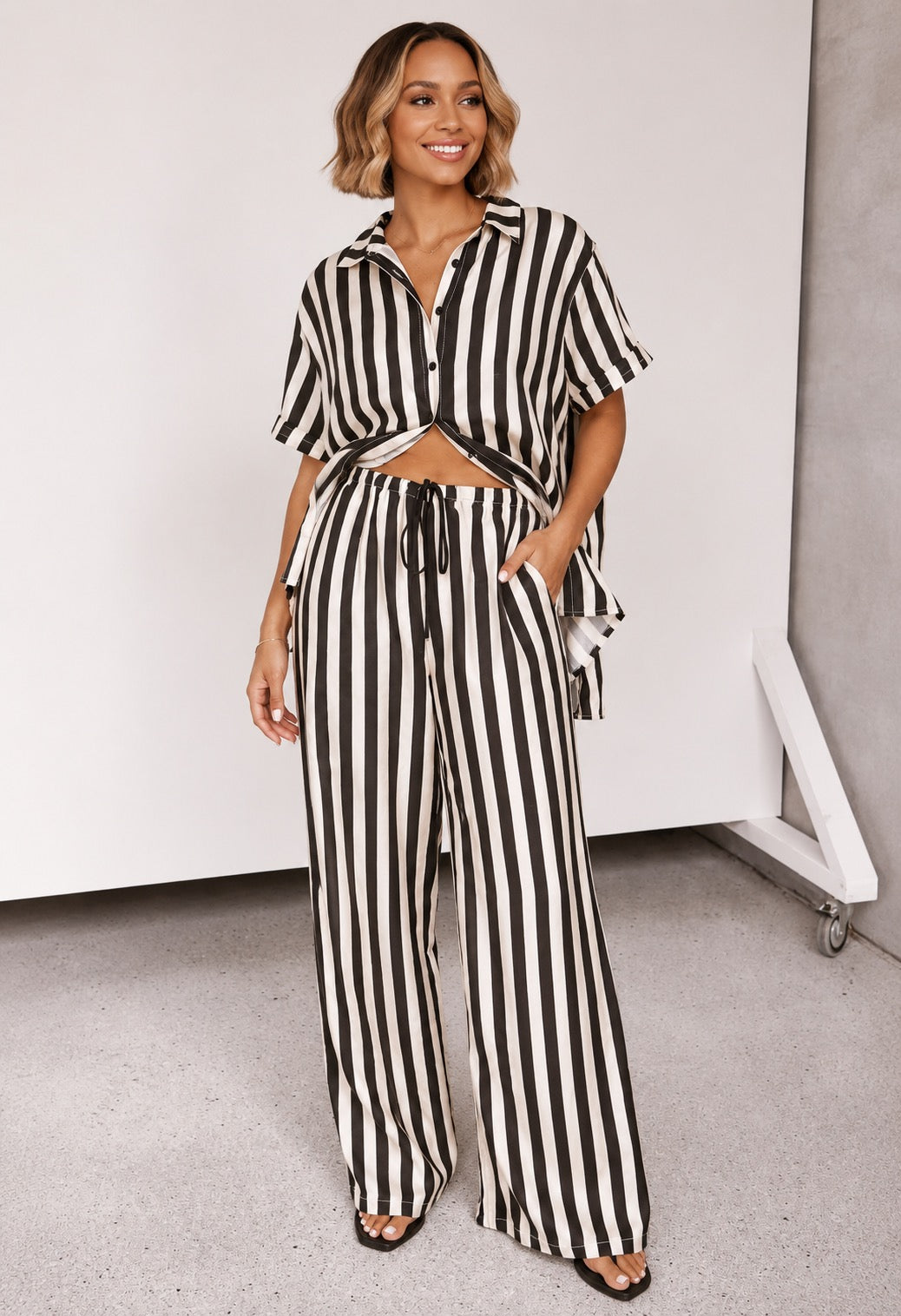 Striped Collared Neck Half Sleeve Top & Pants Set