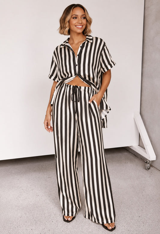 Striped Collared Neck Half Sleeve Top & Pants Set