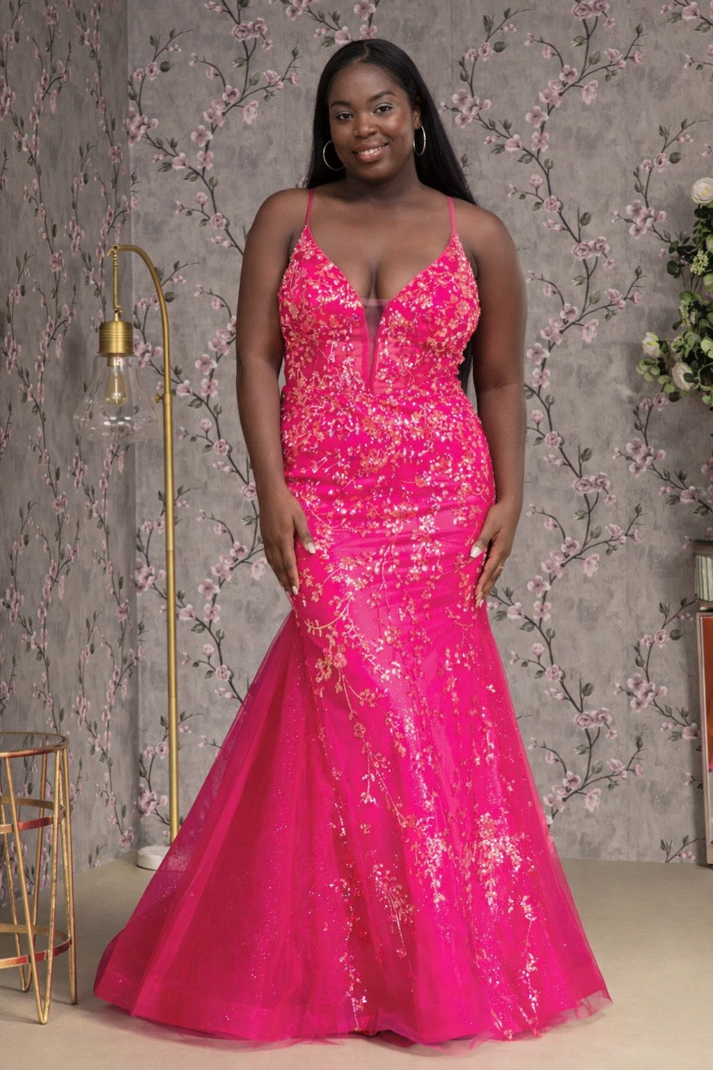 Glitter Sequin Sheer Bodice Mesh Trumpet Long Dress