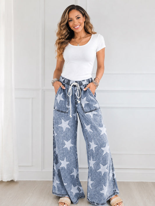 Star Printed Washed Drawstring Wide Leg Jeans