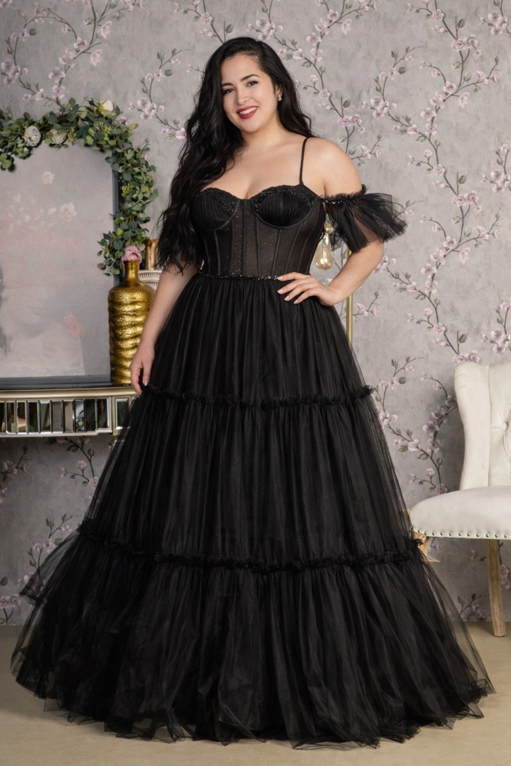 Sequin Bead Sheer Bodice Off Shoulder Mesh A-line Dress