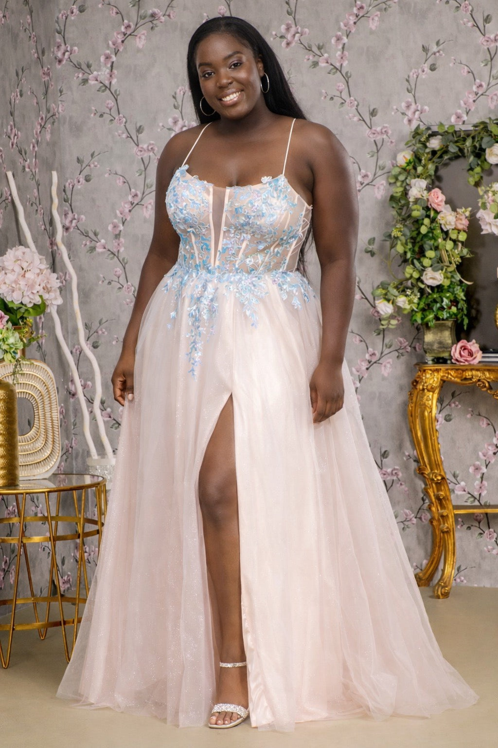 Glitter Sequin Sheer Corset Bodice Mesh A-line Long Dress