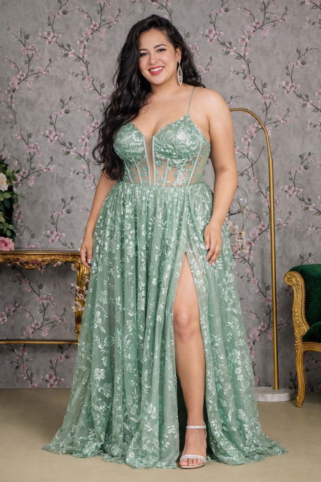 Sequin Illusion Sweetheart Sheer Bodice Mesh A-line Dress
