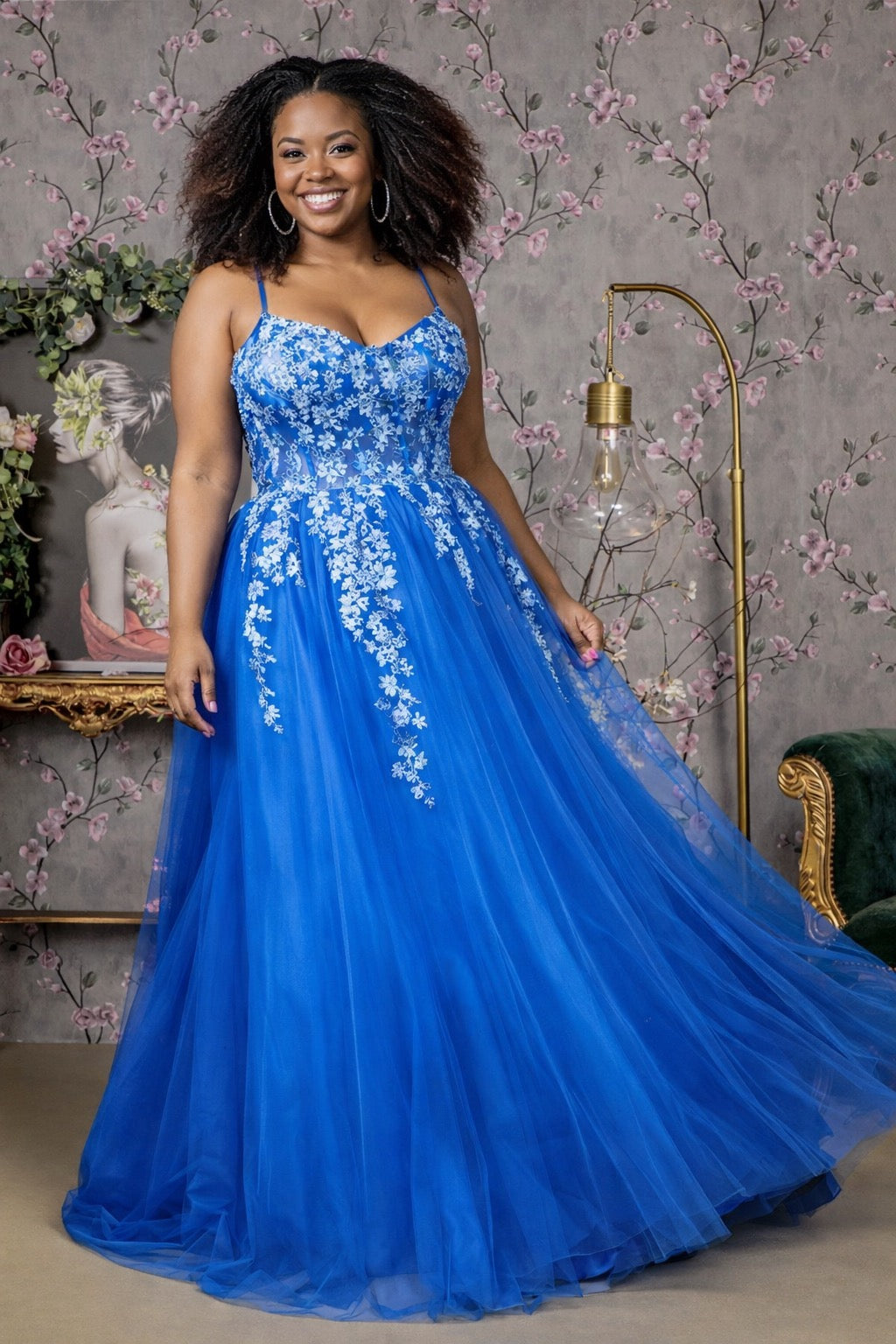 Jewel 3-D Flower Sheer Bodice Mesh A-line Long Dress