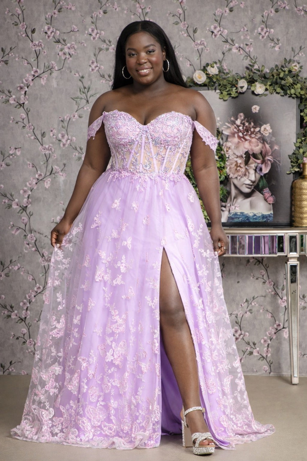 Bead Strapless Mesh A-line Long Dress w/ Detachable Sleeves