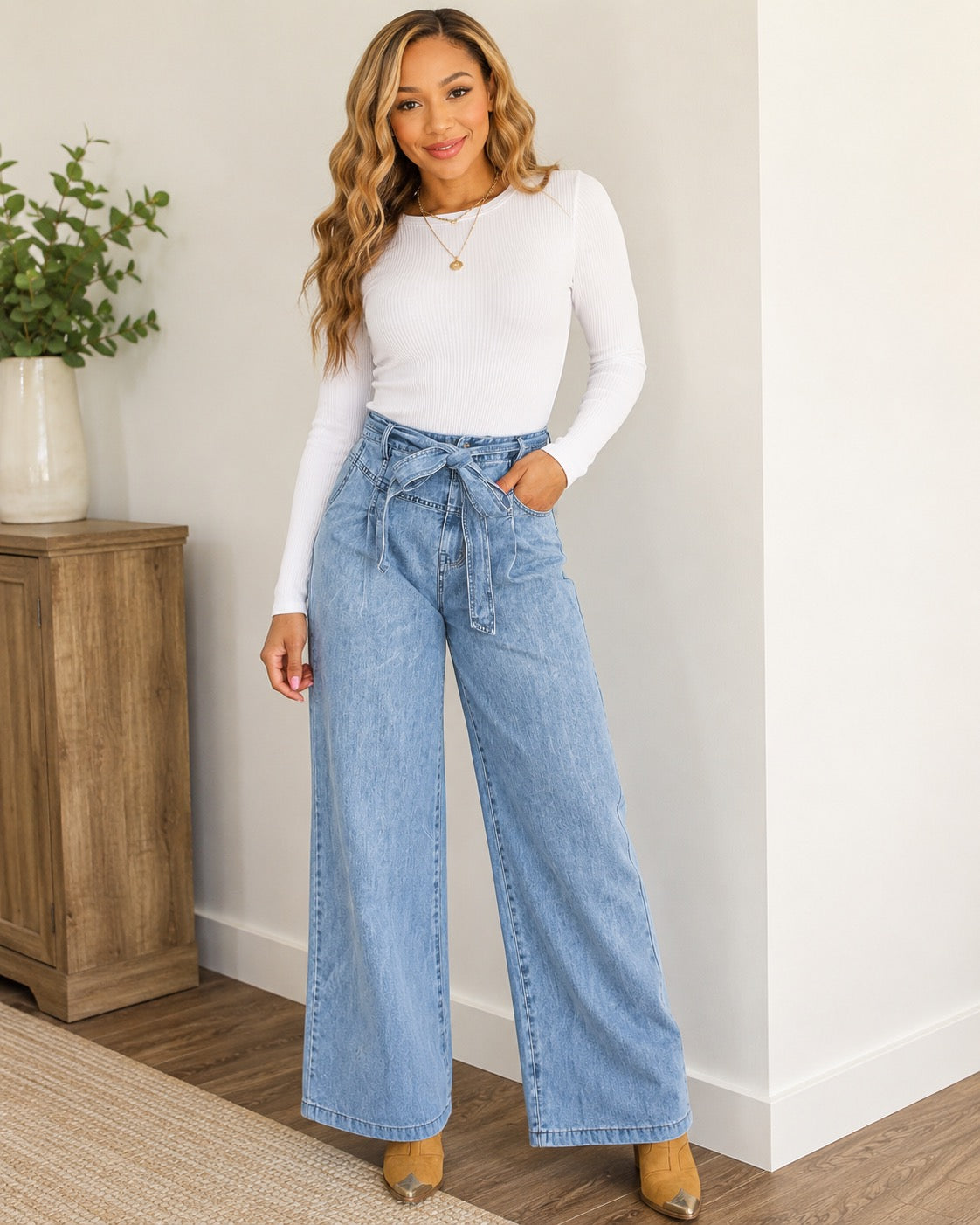 High Waisted Wide Leg Belted Jeans