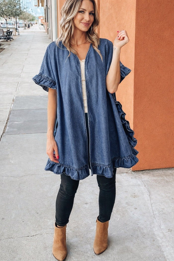 Chambray Ruffle Hem Half Sleeve Open Loose Kimono
