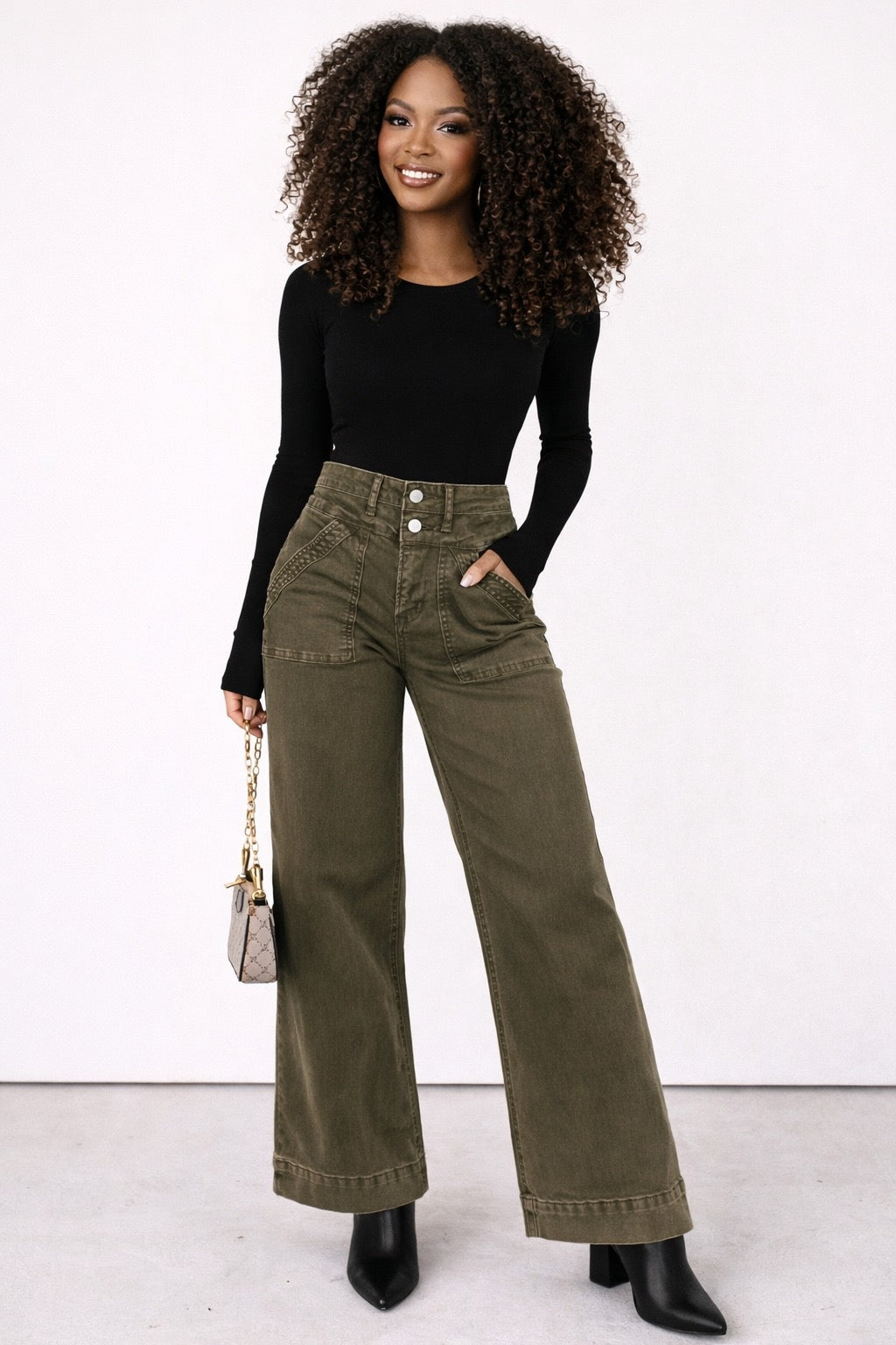 Jungle Green Double Waistband Loose Straight Jeans