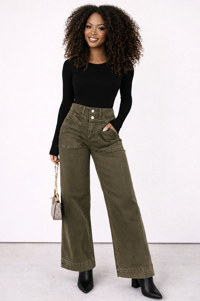 Jungle Green Double Waistband Loose Straight Jeans
