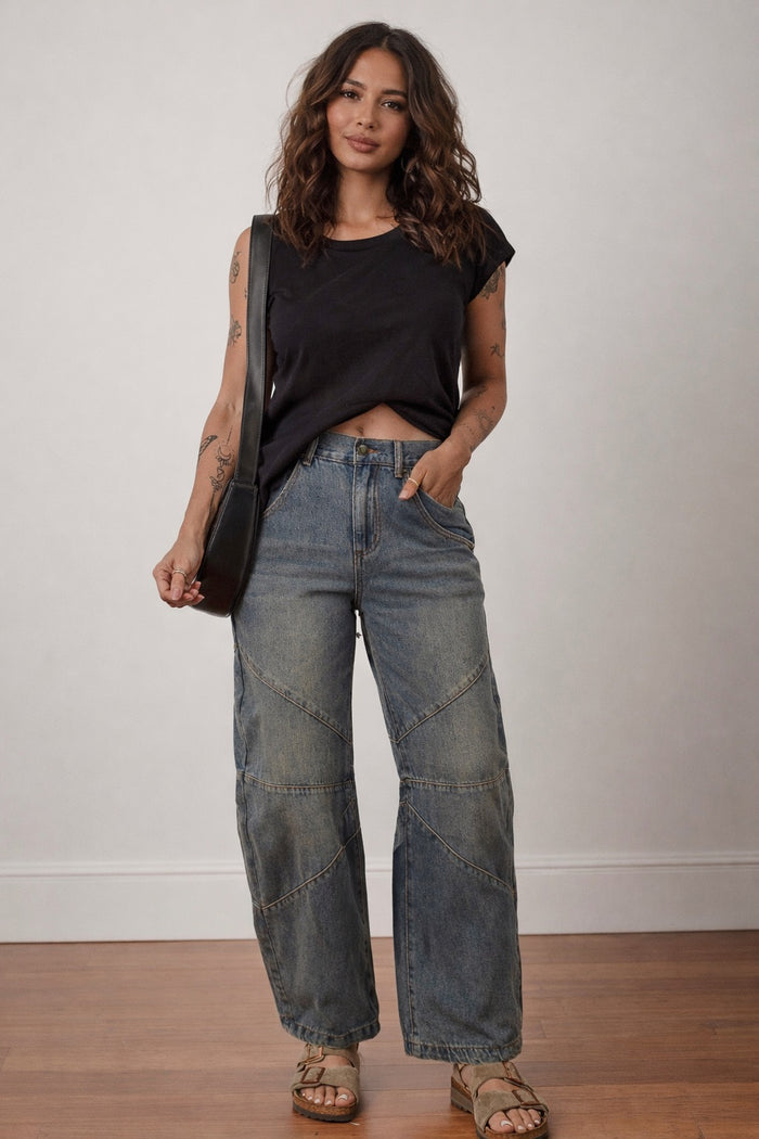 Exposed Stitching Loose High Waist Barrel Jeans