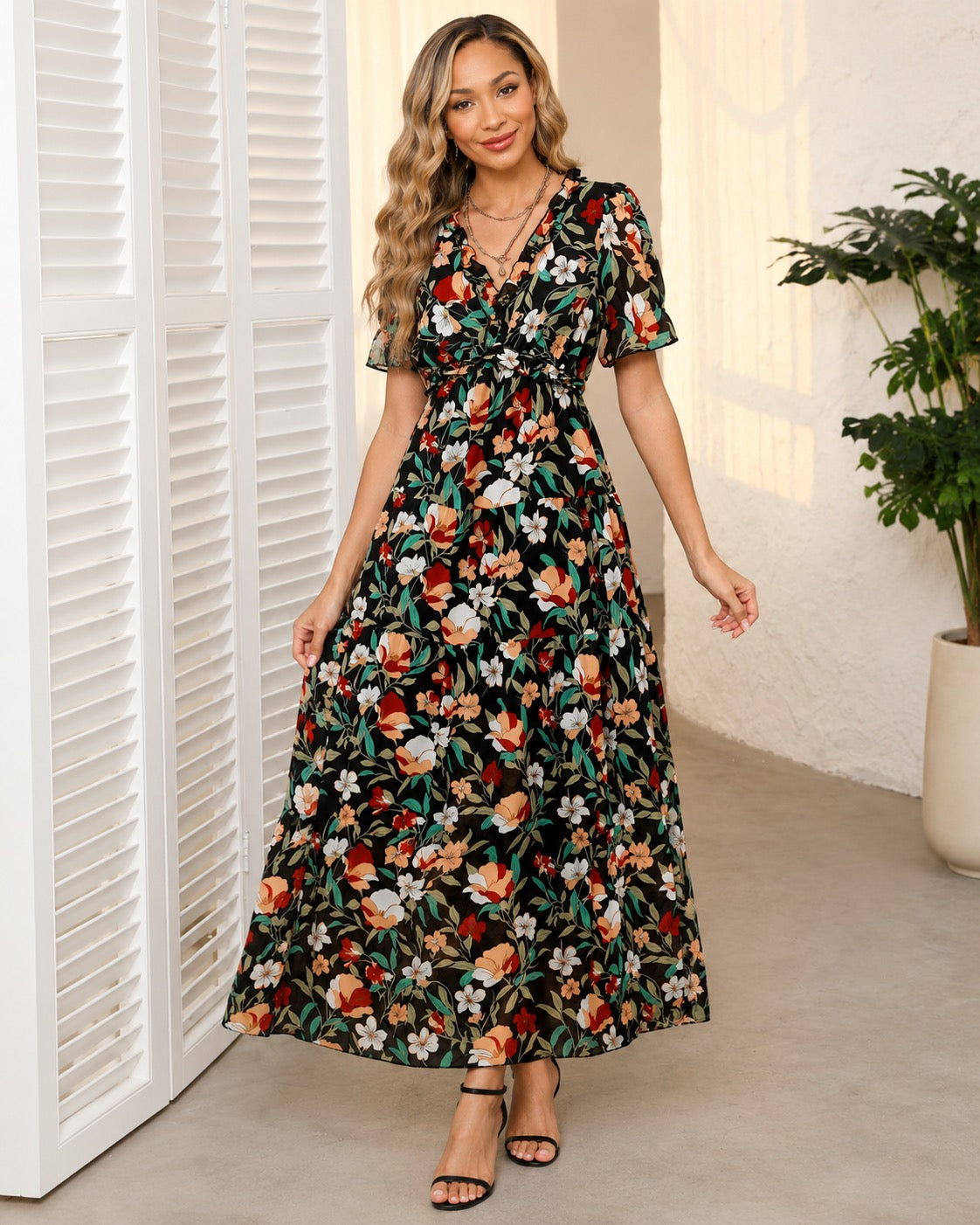 Floral Print Frilled V Neck Short Sleeve Maxi Dress