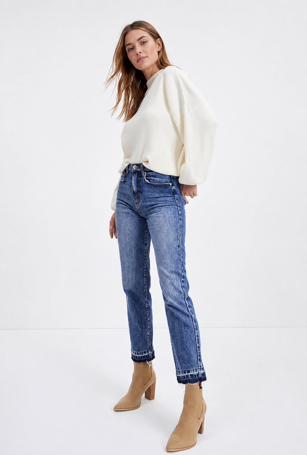 Whiskered Wash Raw Hem Cropped Jeans