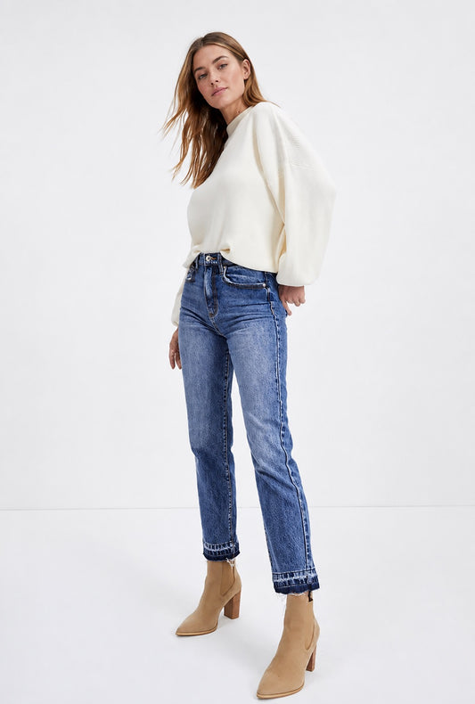 Whiskered Wash Raw Hem Cropped Jeans