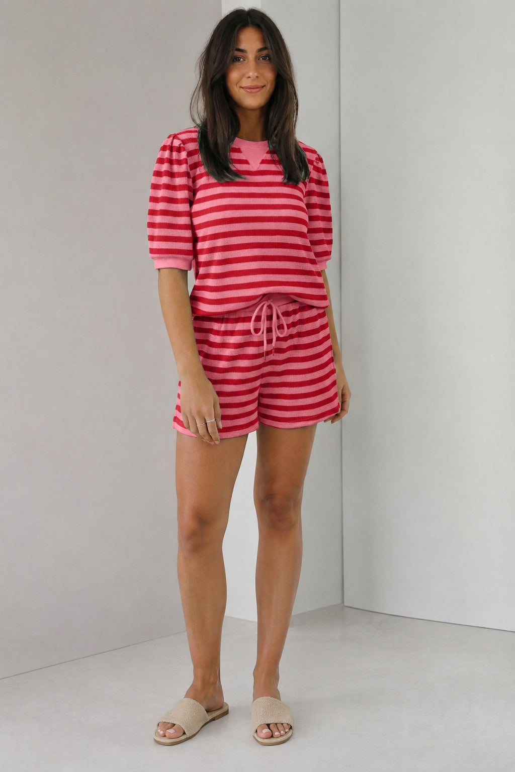 Striped Round Neck Top & Shorts Set