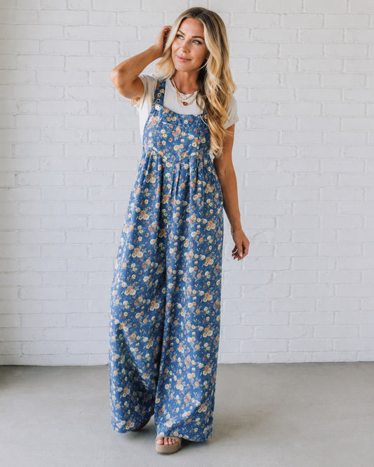 Floral Print Wide Leg Denim Overalls