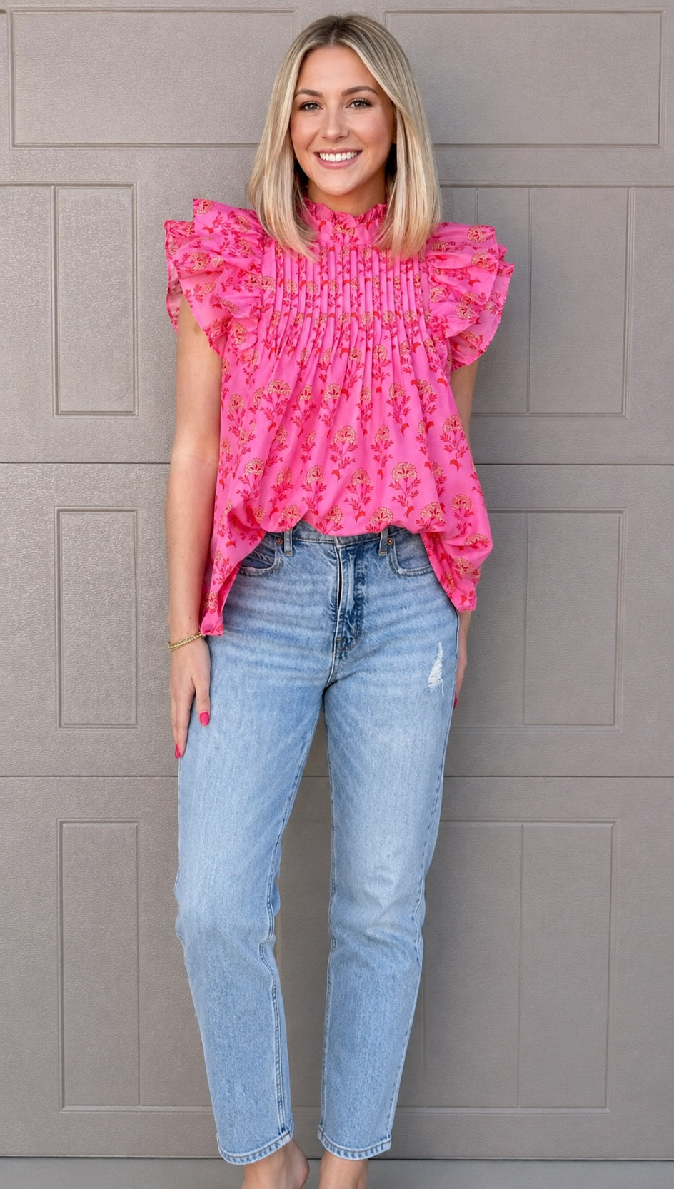 Floral Print Pleated Ruffled Flutter Sleeve Blouse