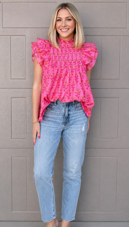 Floral Print Pleated Ruffled Flutter Sleeve Blouse