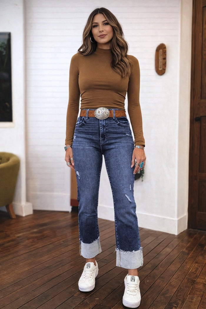 Real Teal Folded Cuffs Distressed Straight High Waist Jeans