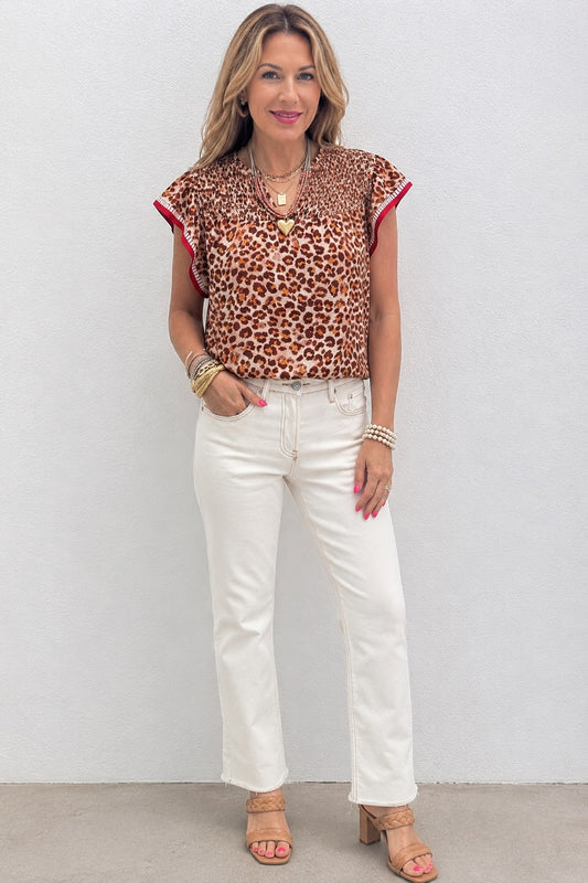 Leopard Print Smocked Notched Blouse