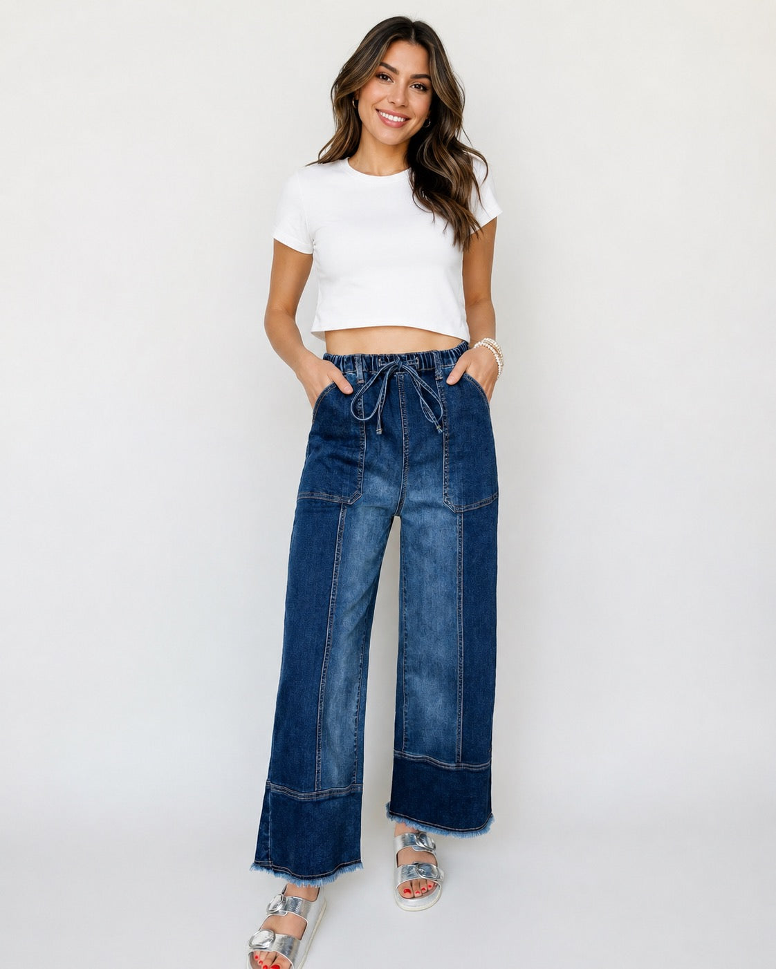 Drawstring Seam Detail Raw Hem Wide Leg Jeans