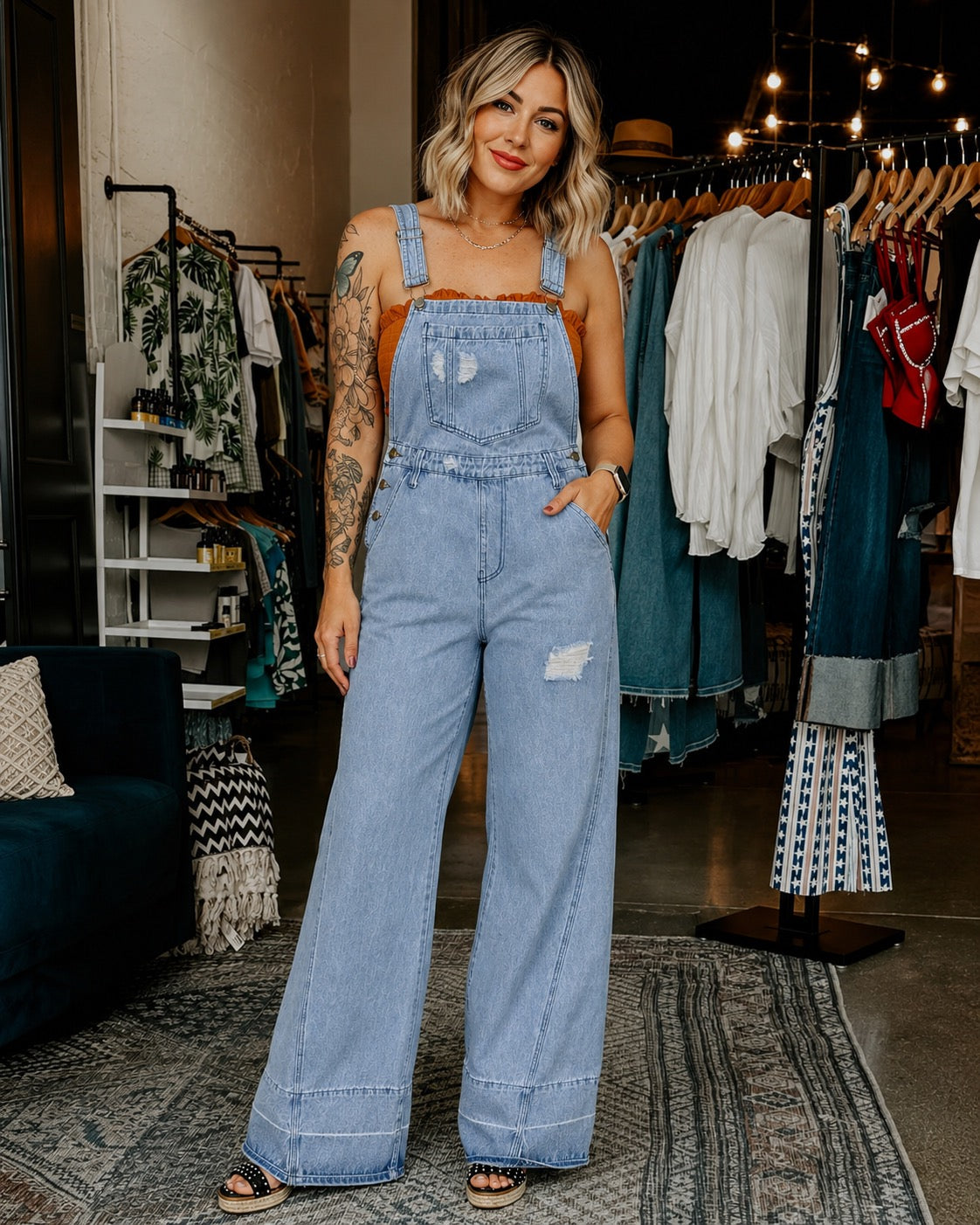 Distressed Wide Leg Denim Overalls