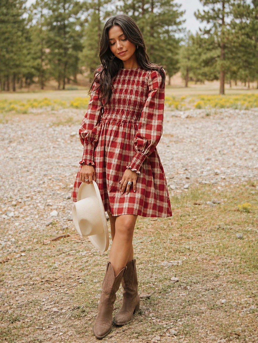 Plaid Print Smocked Puff Sleeve Mini Dress