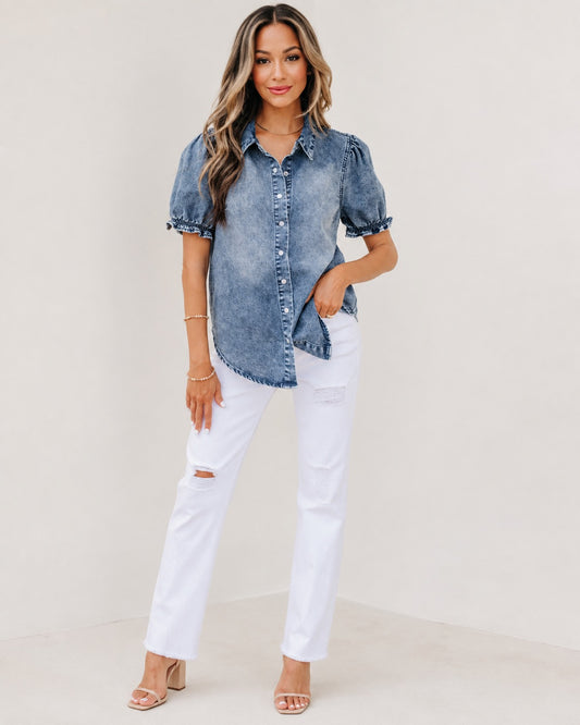 Frilled Short Sleeve Snap Button Denim Shirt